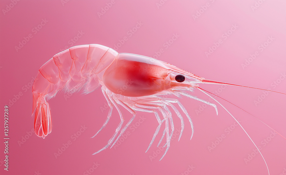 Poster a translucent shrimp with delicate legs and long antennae floating against a vibrant pink background