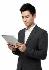 Photo of asian man business manager good and positive mood holding digital e-book tablet reading company report formal wear shirt blazer luxury suit white color background