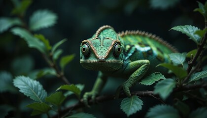 Chameleon in Foliage: A vibrant green chameleon with mesmerizing bulging eyes perches on a branch, its scales blending seamlessly with the lush green foliage.