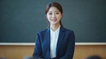 A Young female teacher with glasses stands at the front of the classroom, wearing a suit and white shirt, smiling with her hands on the desk