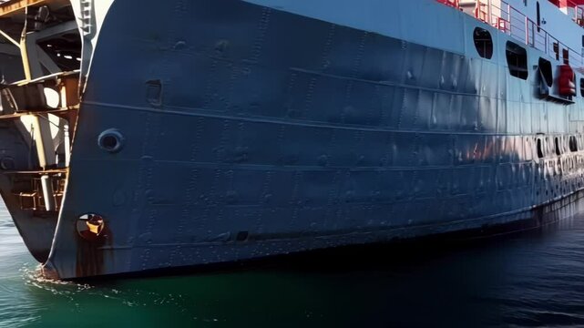 Sunlight reflects on the side of a large, gray and red ship with an open stern gate, revealing its internal structure as it floats peacefully on a calm, turquoise sea