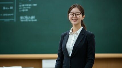 A Young female teacher with glasses stands at the front of the classroom, wearing a suit and white shirt, smiling with her hands on the desk