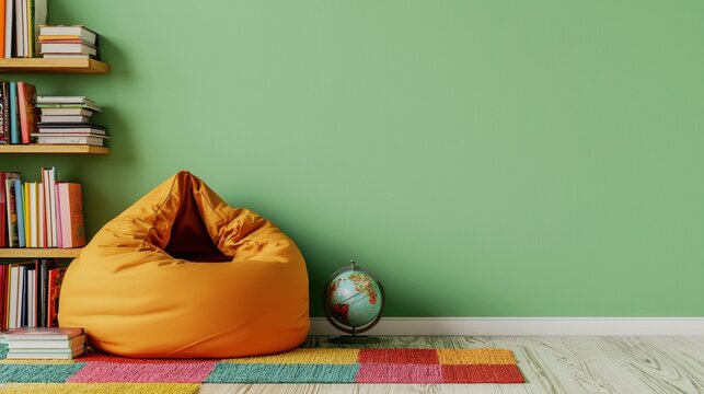Cozy reading nook with yellow bean bag, globe and bookshelf on colorful rug