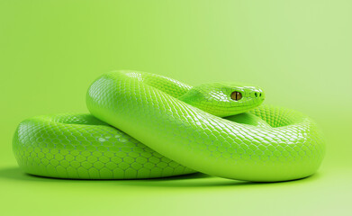 Obraz premium A mesmerizing lime-green snake coiled elegantly against a matching green background, its scales shimmering with a smooth texture.