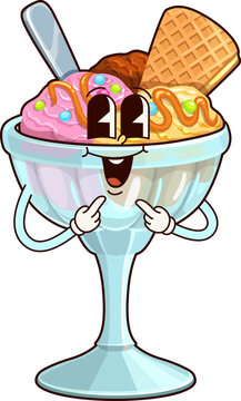 Naklejki Ice cream sundae groovy character. Playful cartoon vector glass cup with frozen yummy scoops, toffee topping and sprinkles. Isolated vector retro funky summer dessert personage showing on its mouth