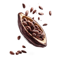 Cacao Pod with Floating Cocoa Beans on White Background 