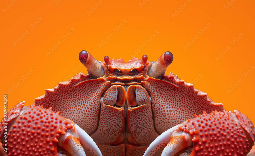 Poster a striking red crab with detailed textures and sharp claws posed against a bold orange background in