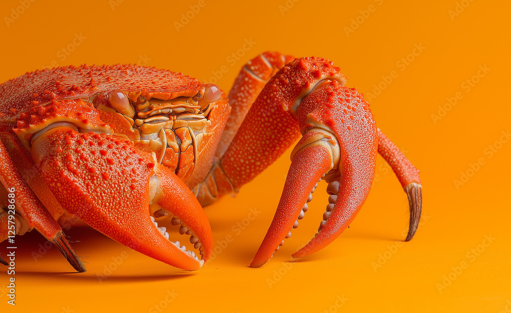 Poster a striking red crab with detailed textures and sharp claws posed against a bold orange background in