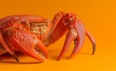 A striking red crab with detailed textures and sharp claws posed against a bold orange background...