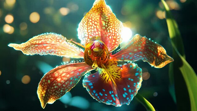 Close up view of a stunning orchid flower, showcasing its vibrant colors and unique patterns. The flower is illuminated by a soft, warm light, creating a dreamy atmosphere.  The background is a
