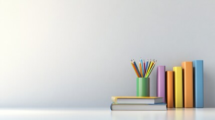 Colorful books and pencils on desk, bright room, education concept