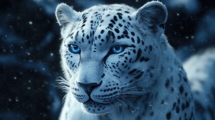 Fototapeta premium Snow Leopard, Winter Forest, Blue Eyes, Snowfall, Wildlife Portrait