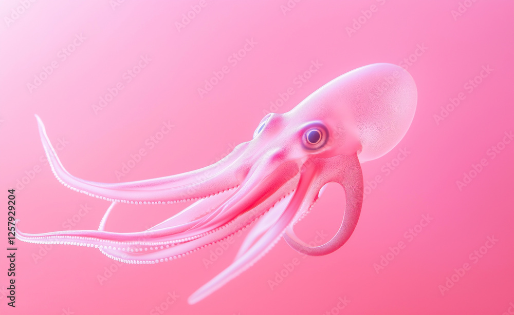 Poster a surreal pink octopus with translucent tentacles floating gracefully against a soft pink gradient b