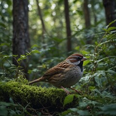 A sparrow hiding in the thick undergrowth of a deep forest.