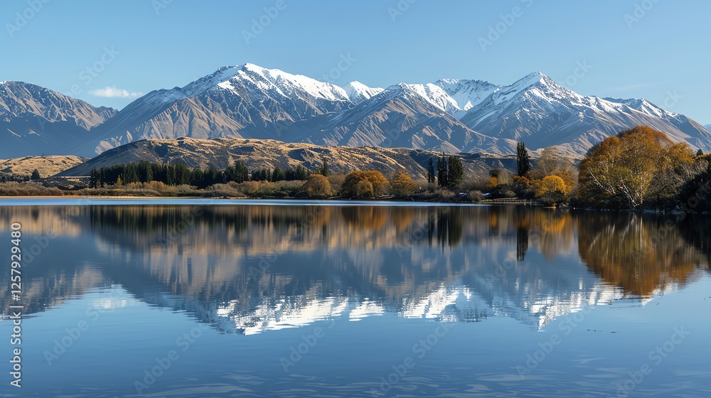Poster a scenic view of a calm lake with a mountain range reflected in its surface.