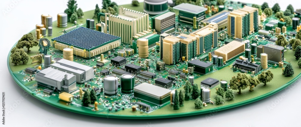 Poster macro photography of large microcircuits on a printed circuit board
