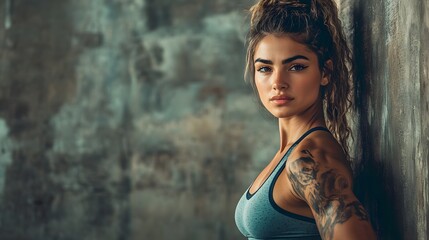 Fototapeta premium Athletic woman with detailed tattoo, posing against textured backdrop, exuding confidence and strength