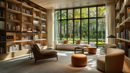 Fototapeta premium Minimalist Home Library with Floor-to-Ceiling Shelves