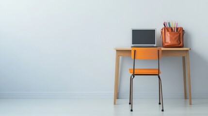 Child's homework desk, laptop, bag, room