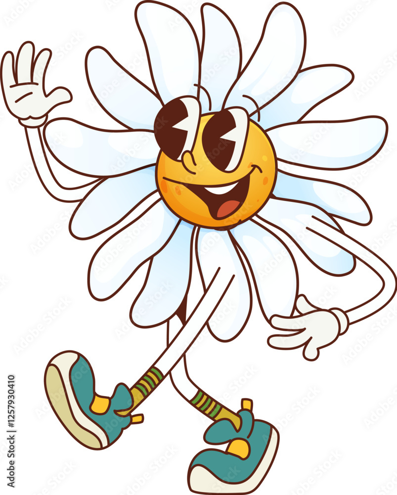Poster groovy daisy chamomile character in retro cartoon, vector hippie flower. groovy daisy chamomile or p