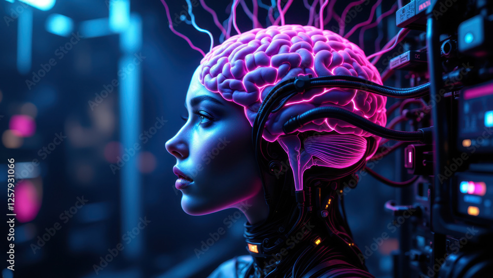 Aufkleber a woman's face with robotic elements that form an artificial intelligence-like brain.