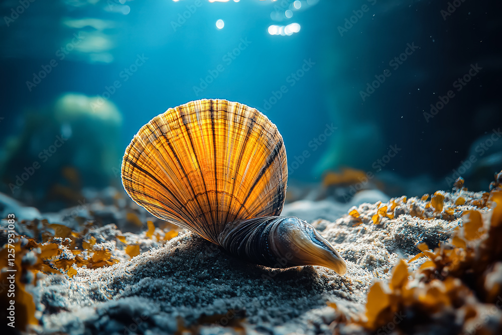 Poster large shell is laying on the sand in the ocean. the shell is yellow and has a striped pattern. the s