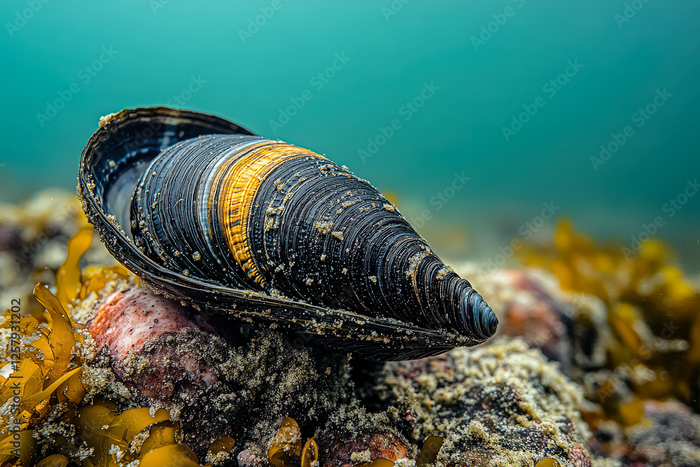 Poster large shell is laying on the sand in the ocean. the shell is yellow and has a striped pattern. the s