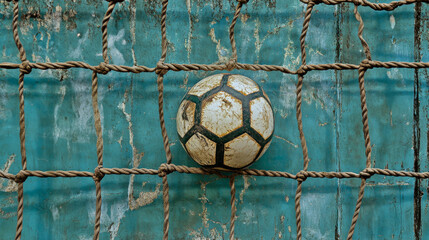 A futsal ball caught in the net during an indoor soccer class for kids at a school sports hall, resting on the  surface