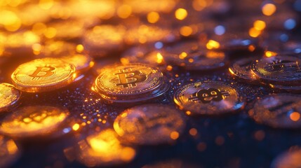 Glowing polygonal bitcoin backdrop. Cryptocurrency and finance concept. 3D Renderin.