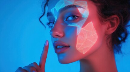 beauty, technology and people concept - beautiful young woman pointing finger to her skin over blue background with low poly shape projection on cheek