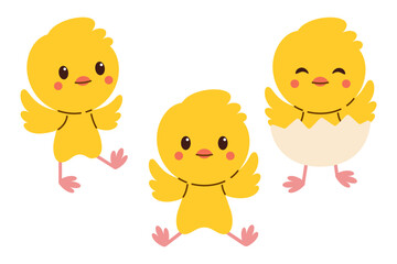 Cute Set of Adorable Yellow Baby Chicks in Different Playful Poses. One Hatching from an Eggshell. Symbolizing Easter, Spring, and New Beginnings, Renewal.