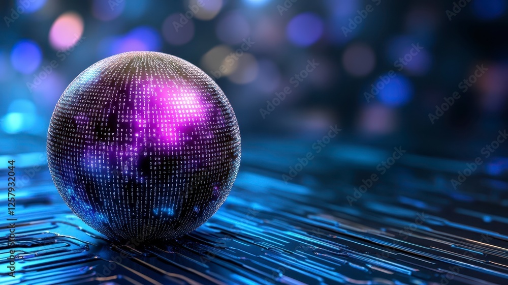 Poster a glowing orb with intricate digital patterns rests on a dark, circuit board like surface. purple vi