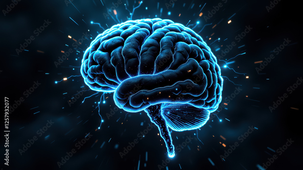 Poster 3d rendering of an artificial intelligence superintelligent brain with electric sparks.