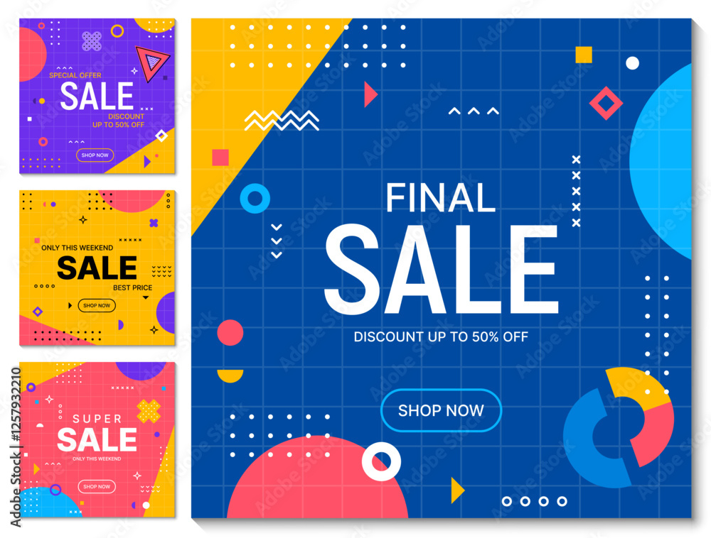 Poster sale banners with abstract memphis geometric pattern background. vector templates of sale offer and 