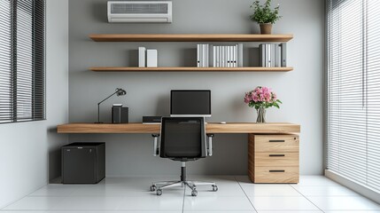 Modern office, desk, AC unit, shelves, flowers, workspace