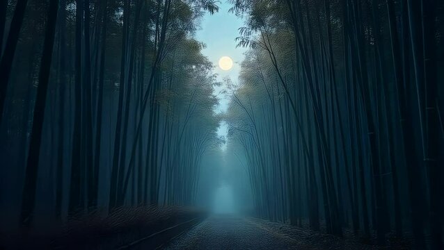 Moonlit Bamboo Forest Path: A Serene Night Journey Through Nature's Embrace
