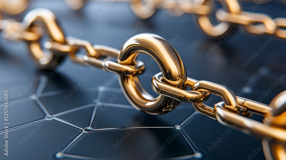 Poster close up of golden chain links on a dark background with a geometric pattern. the links are shiny an