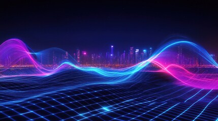 Cityscape with neon waves