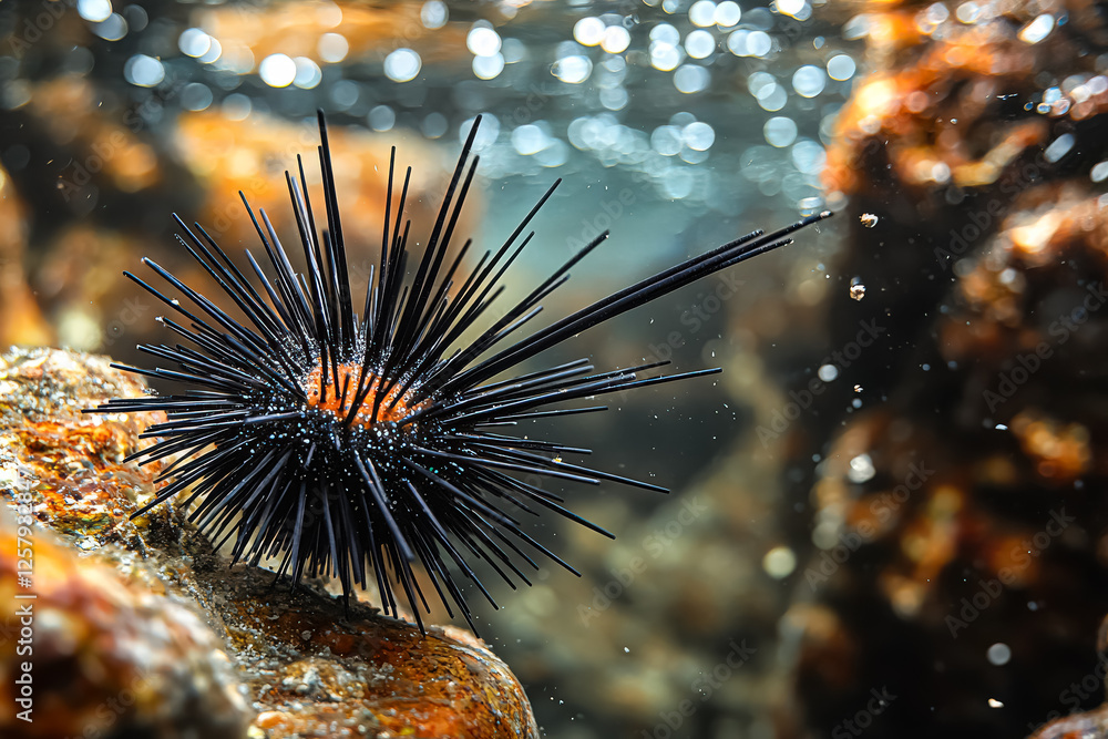 Poster black and white image of a sea star with a bunch of sharp spines. the spines are pointing in differe