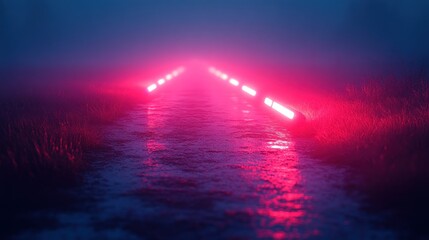 Atmospheric scene featuring glowing pink lights along a wet pathway in a foggy landscape at dusk