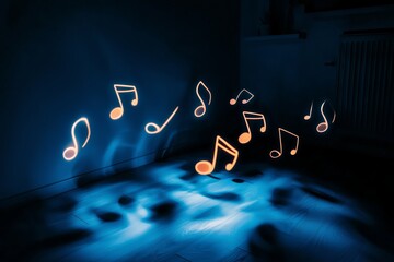 Floating musical notes in a dimly lit room.