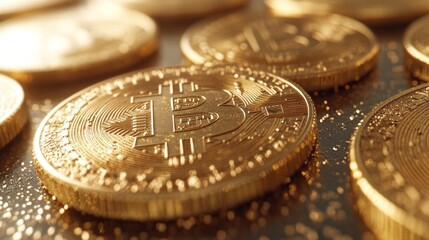 Golden Bitcoin coins closeup, finance, wealth