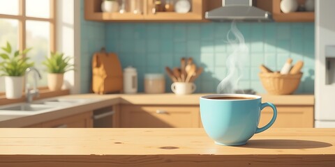 Aromatic coffee steaming on a wooden table in a bright kitchen scene