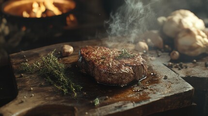 Sizzling steak preparation kitchen digital art rustic environment close-up view fresh thyme infusion