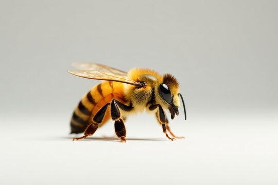 Golden honeybee sitting isolated on a white background with a hint of light around it, natural, flowerless