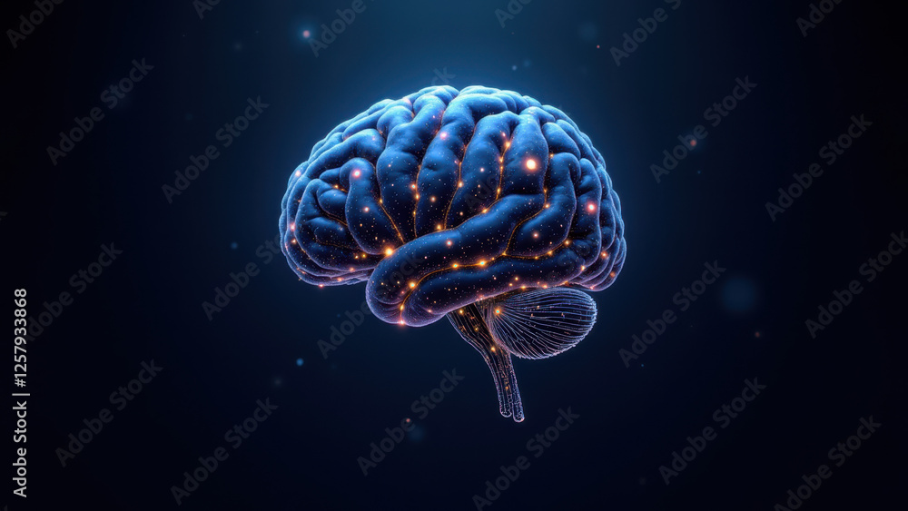 Poster an ai-themed graphic depicting a human brain with colorful neural connections against a dark blue ba