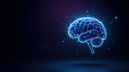 "Brain-like AI representation with glowing particles emanating from it against a dark background"