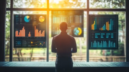 Silhouette of a man standing in front of office windows, viewing a hologram of corporate data infographic, symbolizing business analysis, technology, and modern innovation.