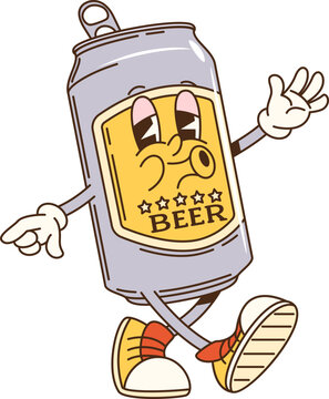 Cartoon groovy alcohol beer can character happily walking to party with playful hippie vibe. Isolated vector y2k tin can with beverage embodies fun and enjoyment, ready for celebration of funky events