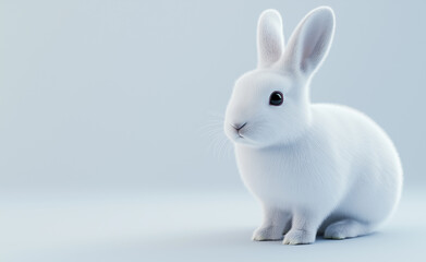 A fluffy white rabbit sitting on a soft, glowing surface, its fur illuminated against a pale background in a dreamy composition.
